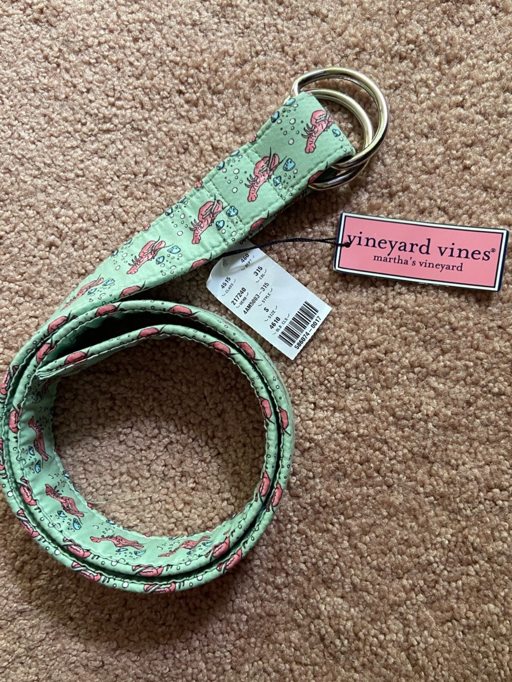 NWT - Vineyard Vines - Mint & Pink Lobster Print Classic D-Ring Belt - Size S 🦞